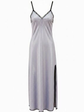 Vintage Satin Slip Dress Lingerie Lavendar Grey Black Crochet Lace Trim Slit S